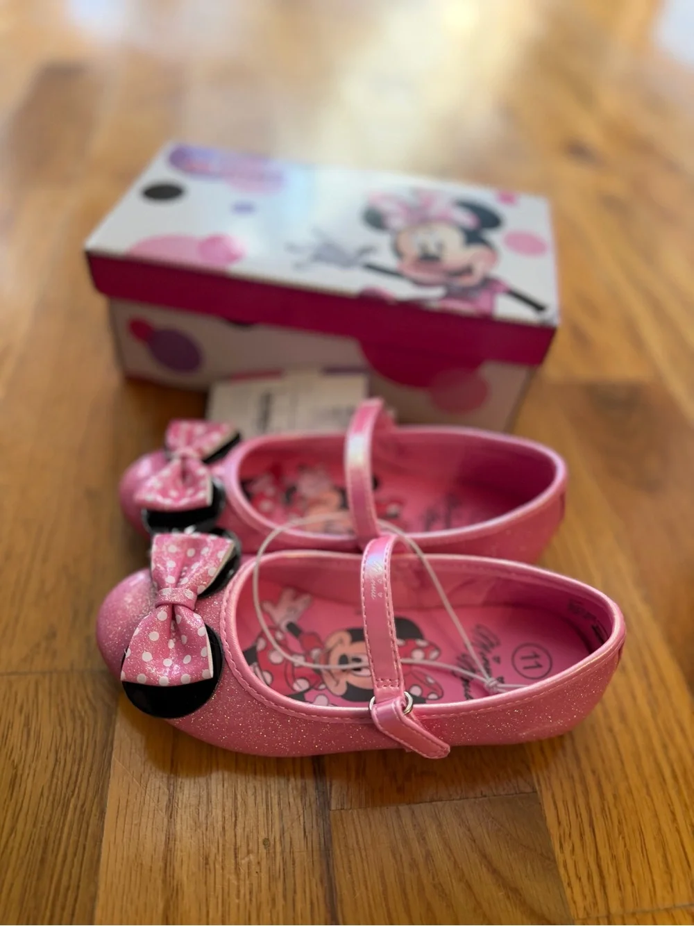Disney Girls Minnie Mouse Pink Glitter Mary Jane Ballet Flat Shoes - 11 NWT